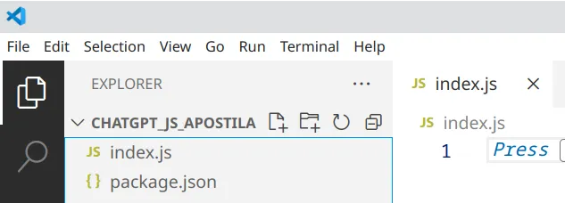 Explorer do VS Code com a pasta CHATGPT_JS_APOSTILA contendo index.js e package.json