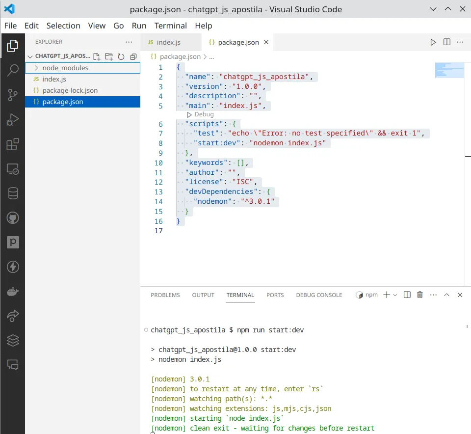 VS Code com o package.json aberto e, no terminal, o nodemon 3.0.1 iniciado com "starting node index.js" e "clean exit - waiting for changes before restart"