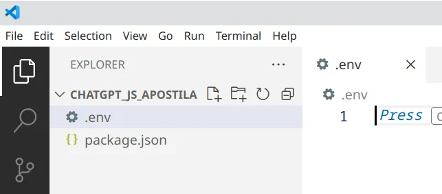 Explorer do VS Code com o arquivo .env criado na raiz do projeto, ao lado do package.json