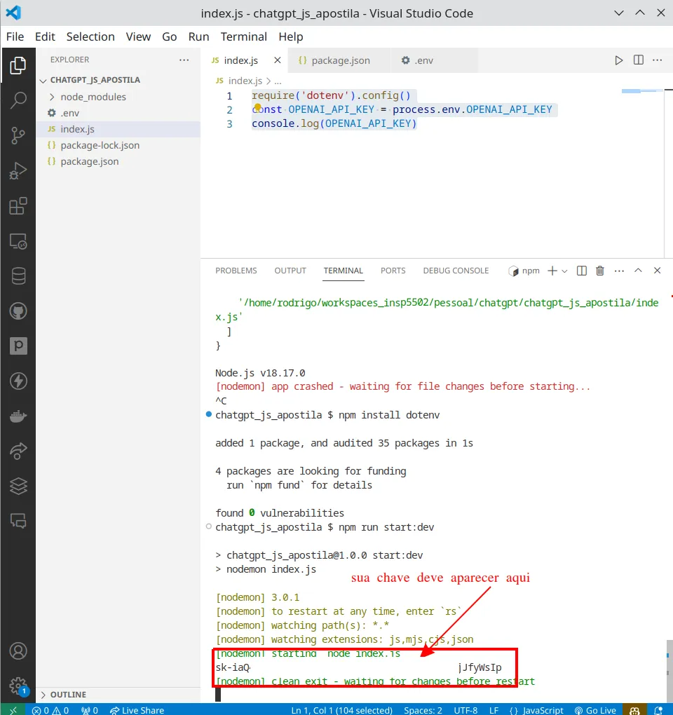 VS Code com o index.js acima e, no terminal, a saída do nodemon, com a indicação "sua chave deve aparecer aqui" na linha em que a chave é exibida
