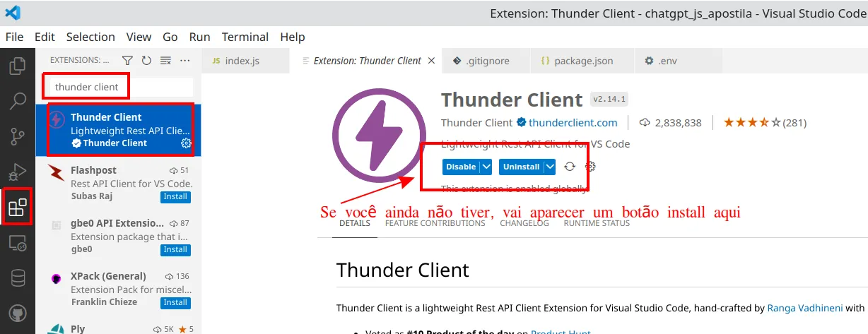 Aba de extensões do VS Code com a Thunder Client selecionada e a observação "Se você ainda não tiver, vai aparecer um botão install aqui"