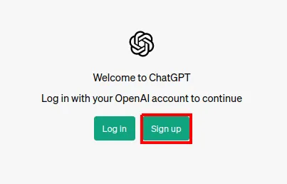 Tela "Welcome to ChatGPT" com os botões Log in e Sign up, com destaque em Sign up