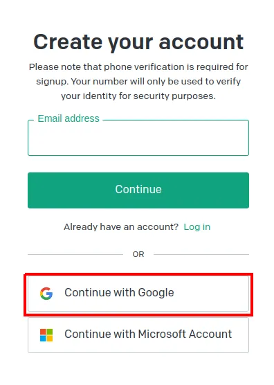 Tela "Create your account" com campo de e-mail e, em destaque, o botão Continue with Google
