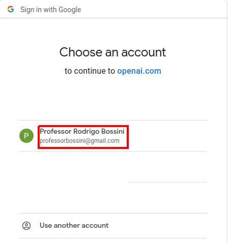 Tela "Choose an account" do Google, com a conta do usuário em destaque