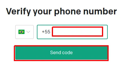 Tela "Verify your phone number" com o código do país +55, o campo do número e o botão Send code em destaque