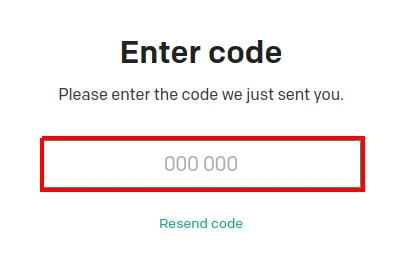 Tela "Enter code" com o campo para o código de seis dígitos em destaque