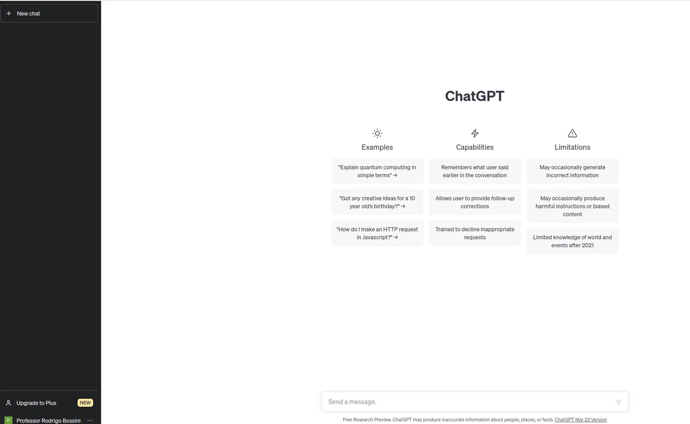 Tela inicial do ChatGPT, com exemplos, recursos e limitações e a caixa de mensagem na parte inferior