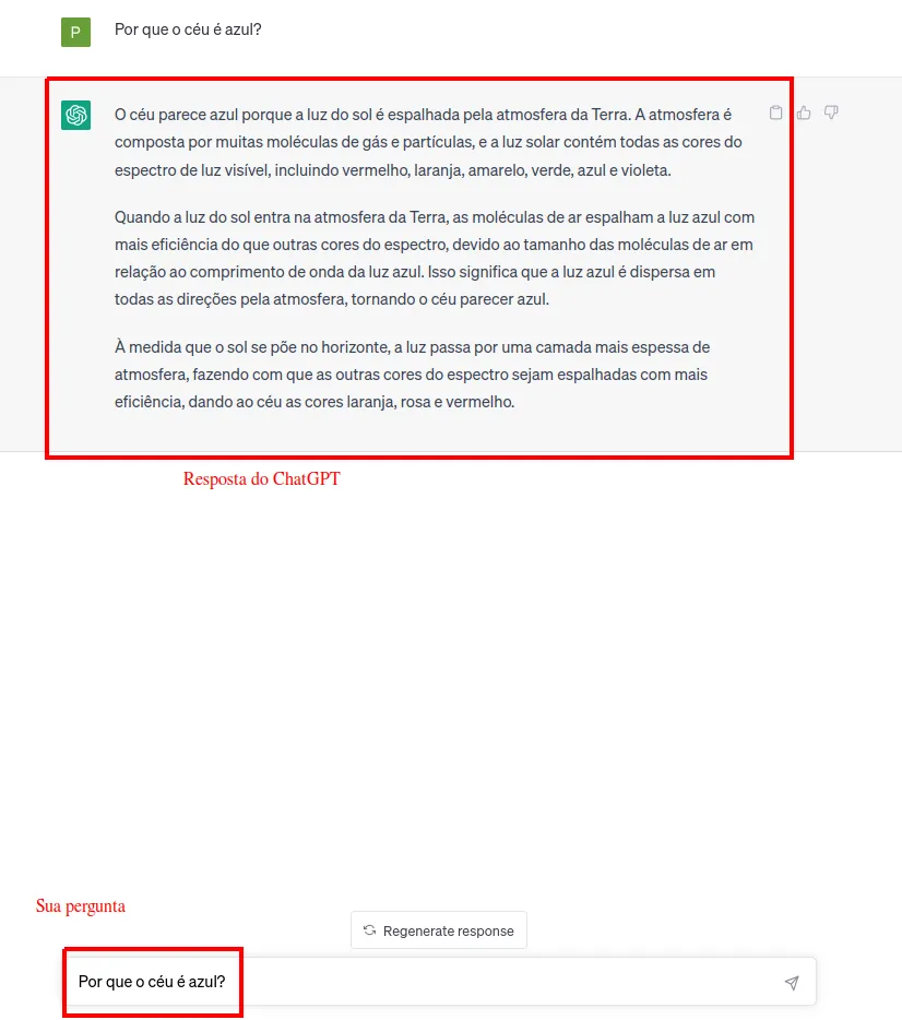 Conversa no ChatGPT com a pergunta "Por que o céu é azul?" destacada na caixa de mensagem e a resposta do ChatGPT destacada acima