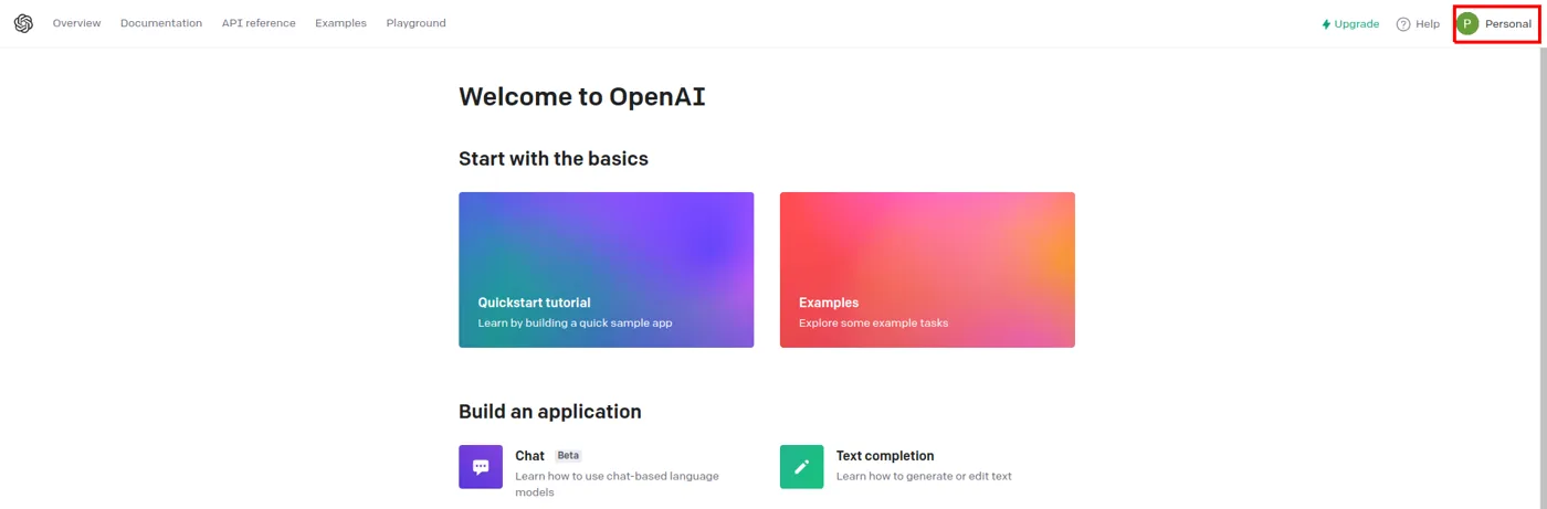 Página "Welcome to OpenAI" da plataforma, com o menu Personal destacado no canto superior direito
