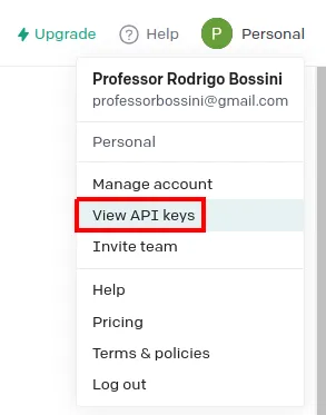 Menu Personal aberto, com as opções Manage account, View API keys (em destaque), Invite team, Help, Pricing, Terms & policies e Log out