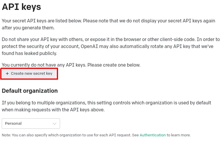 Página "API keys" informando que ainda não há chaves, com o botão Create new secret key em destaque