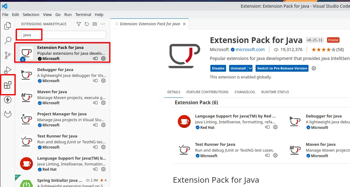 Aba de extensões do VS Code com a busca "java" e o Extension Pack for Java em destaque