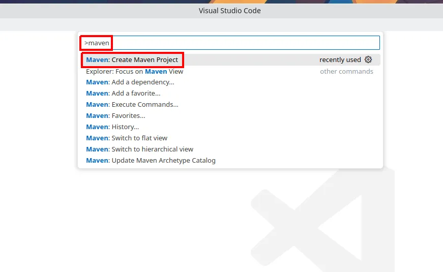 Paleta de comandos do VS Code com a busca "maven" e a opção Maven: Create Maven Project em destaque
