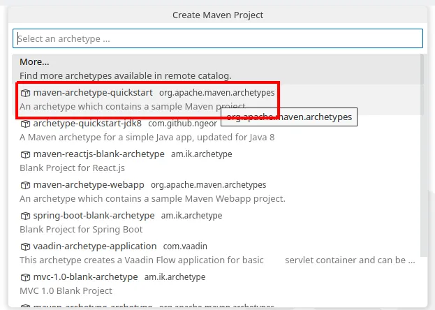 Lista "Create Maven Project" de archetypes com maven-archetype-quickstart (org.apache.maven.archetypes) em destaque