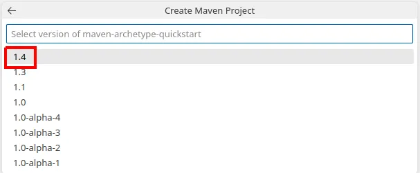 Lista de versões do maven-archetype-quickstart com a 1.4 em destaque