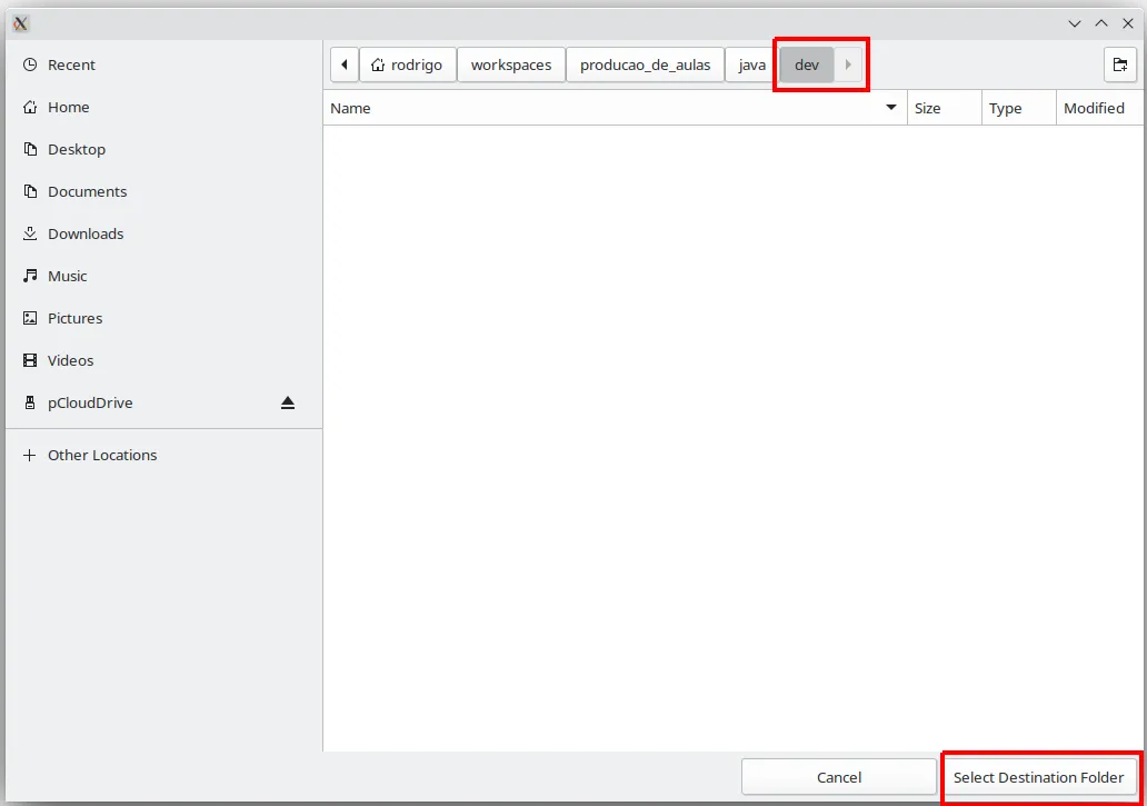 Janela de seleção de pasta com a pasta dev escolhida e o botão Select Destination Folder em destaque