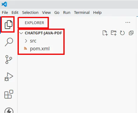 Explorer do VS Code com o projeto CHATGPT-JAVA-PDF contendo a pasta src e o arquivo pom.xml