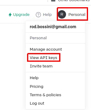 Menu do avatar Personal aberto, com a opção View API keys em destaque