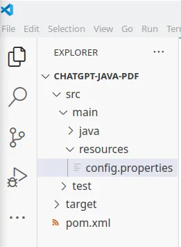 Explorer do VS Code com src/main/resources/config.properties em destaque