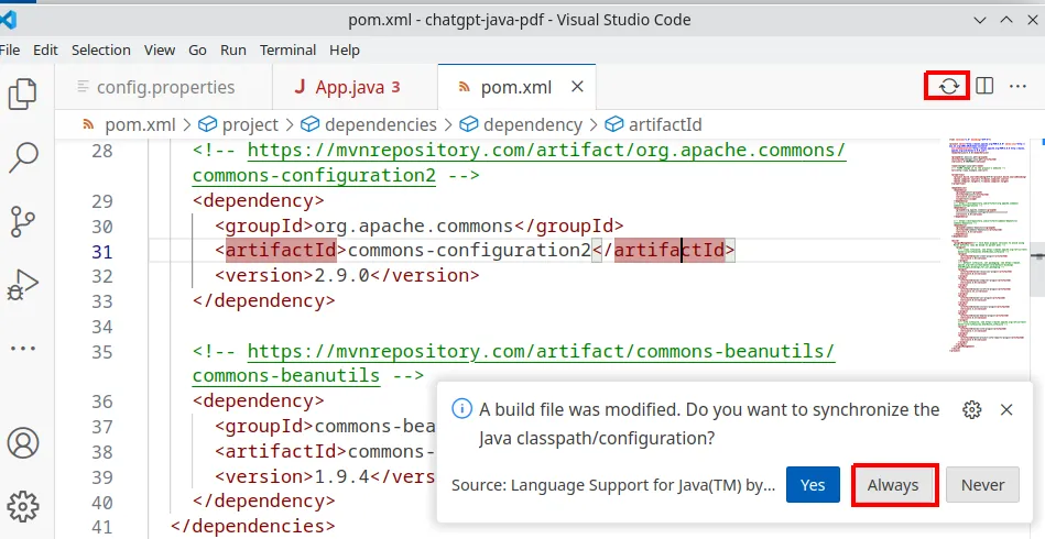pom.xml aberto no VS Code com a notificação "A build file was modified. Do you want to synchronize the Java classpath/configuration?", o botão Always e o ícone de sincronização em destaque