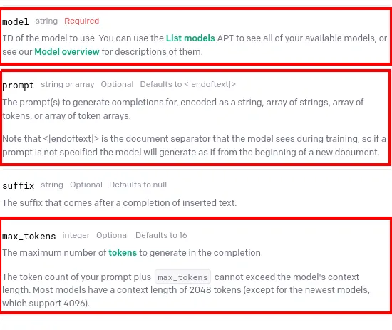 Trechos da documentação com os parâmetros model (string, obrigatório), prompt (string ou array, opcional) e max_tokens (inteiro, opcional, padrão 16) em destaque