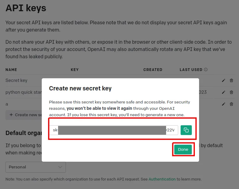 Janela Create new secret key exibindo a chave gerada (parcialmente oculta), o botão de copiar e o botão Done em destaque