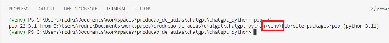 Terminal Powershell com o prefixo (venv) mostrando a saída de pip -V, com o caminho da pasta venv destacado