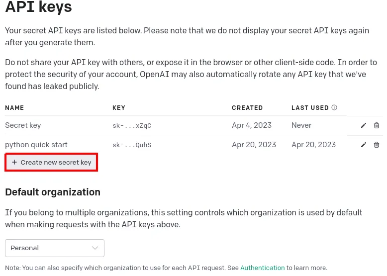 Página API keys com a lista de chaves existentes e o botão Create new secret key em destaque