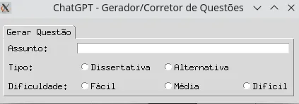 Aba com Assunto, Tipo (Dissertativa, Alternativa) e Dificuldade (Fácil, Média, Difícil)