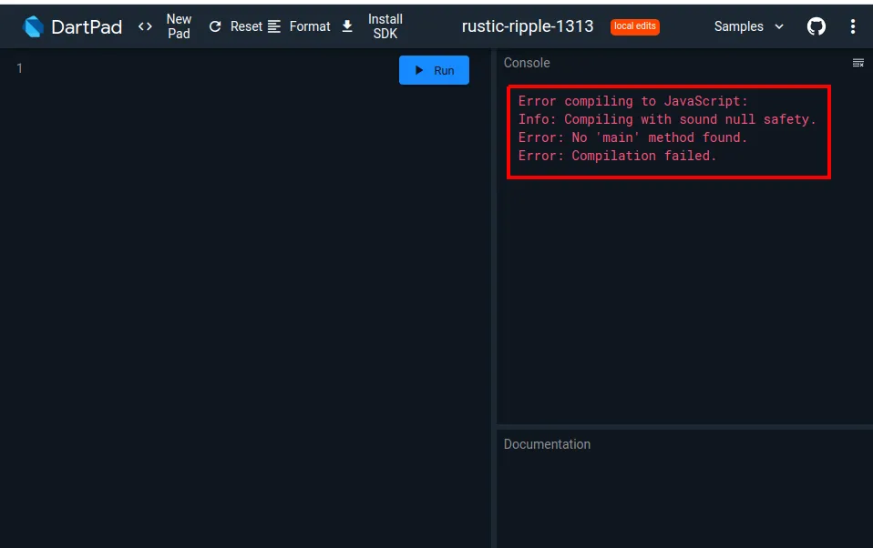 DartPad com o editor vazio e o console exibindo o erro No 'main' method found