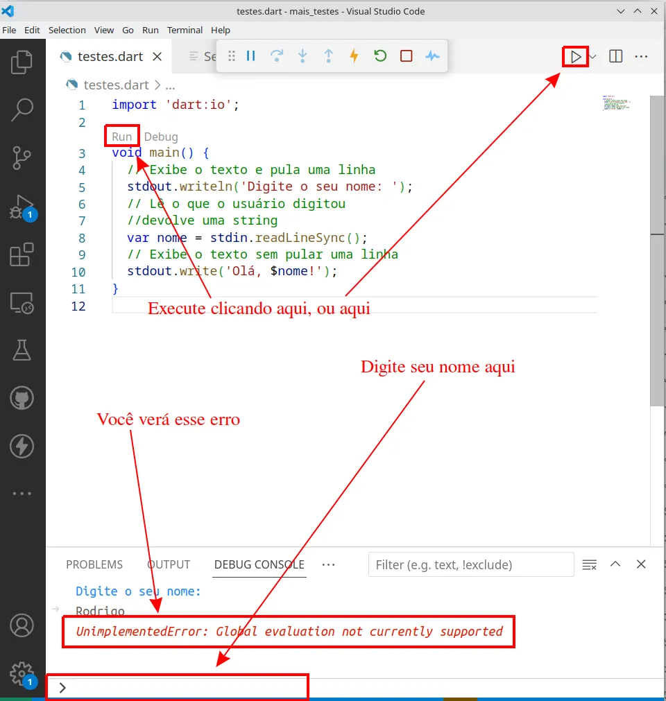 VS Code executando o programa pelo atalho Run da extensão; o Debug Console exibe um erro ao tentar ler o nome digitado