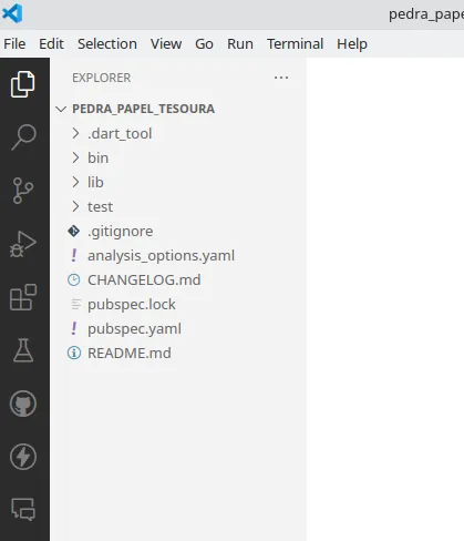Explorer do VS Code com a pasta PEDRA_PAPEL_TESOURA contendo .dart_tool, bin, lib, test, .gitignore, analysis_options.yaml, CHANGELOG.md, pubspec.lock, pubspec.yaml e README.md