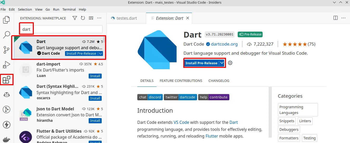 Seção Extensions do VS Code com a busca por dart e a extensão Dart, da Dart Code, selecionada