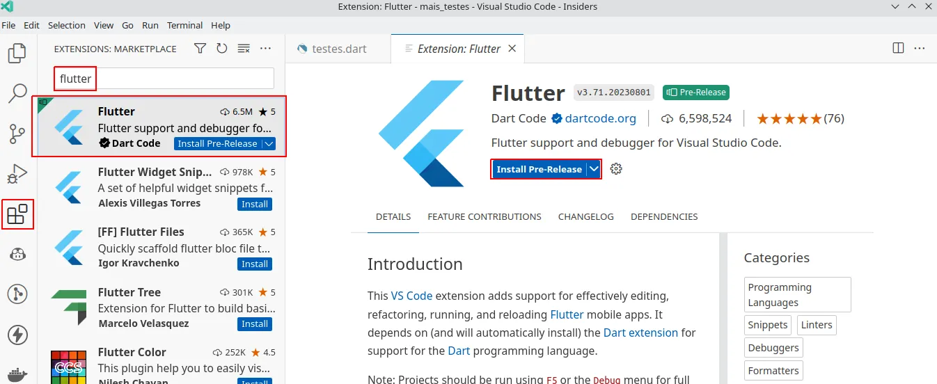 Seção Extensions do VS Code com a extensão Flutter, da Dart Code, selecionada