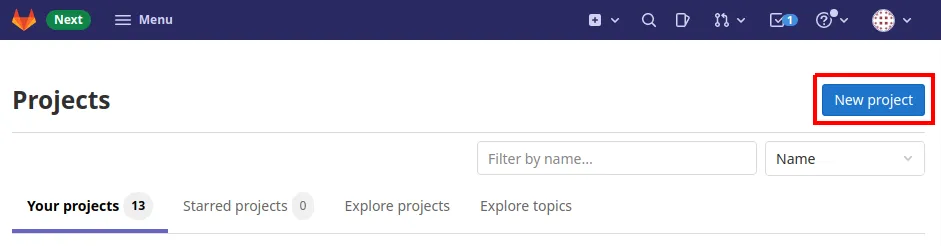Tela Projects do GitLab com o botão New project destacado no canto superior direito