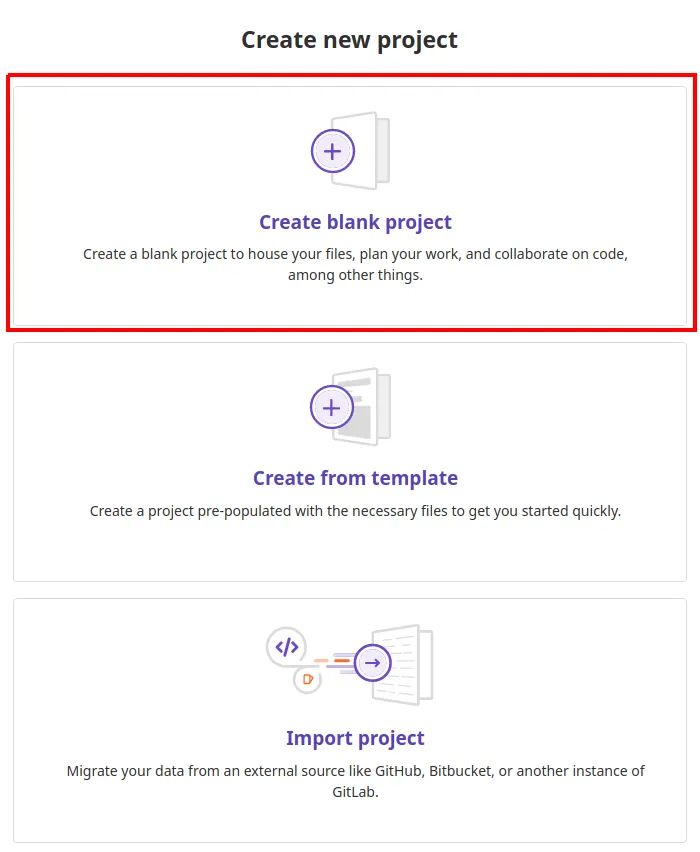 Tela Create new project com a opção Create blank project destacada, acima de Create from template e Import project