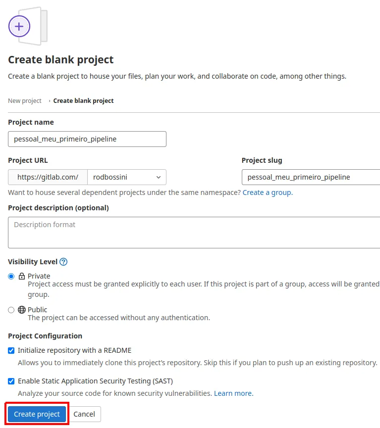 Formulário Create blank project com nome, URL e slug do projeto preenchidos e o botão Create project destacado