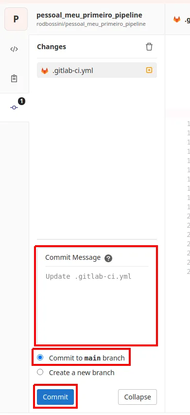 Painel de commit com o campo Commit Message, a opção Commit to main branch selecionada e o botão Commit destacados
