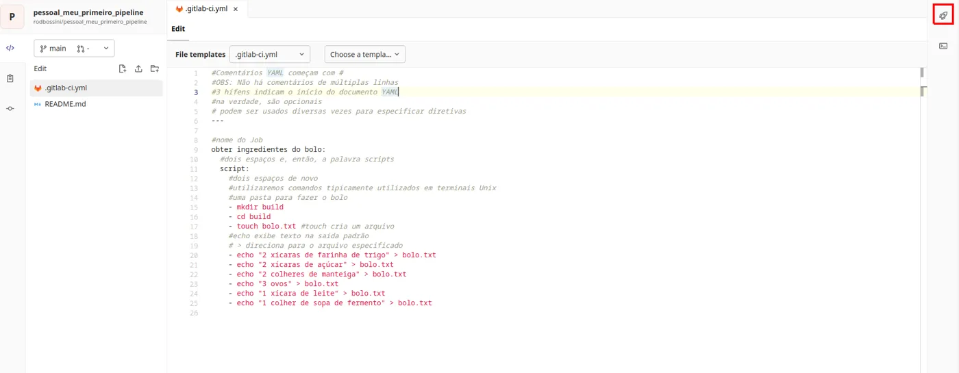 Web IDE após o commit, com o ícone de pipelines destacado no canto superior direito