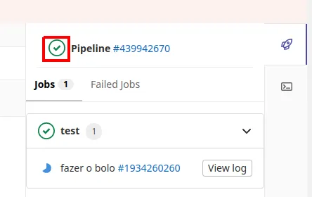 Painel do pipeline com o símbolo verde de sucesso destacado ao lado do número do pipeline e a lista de Jobs
