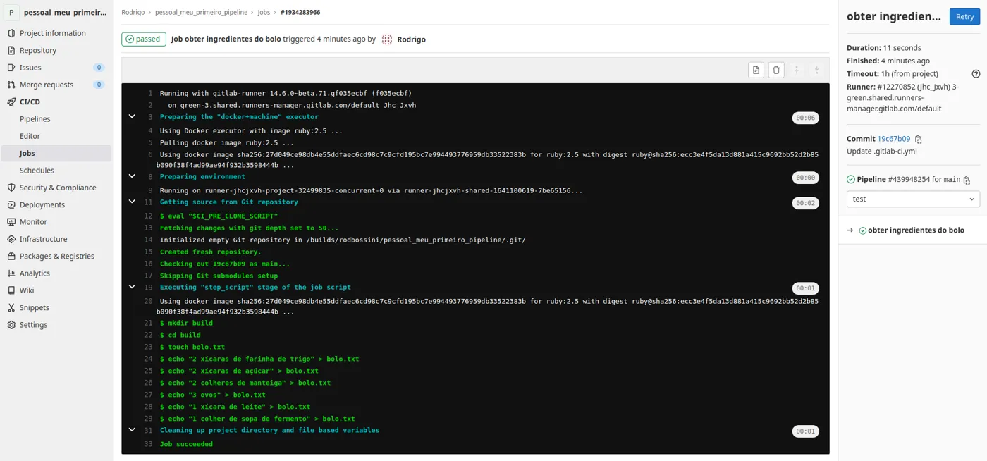 Log do Job no terminal do GitLab, mostrando a preparação do executor Docker e a execução de cada comando do script