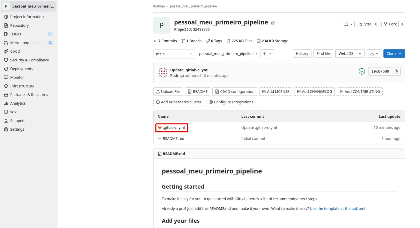 Página inicial do repositório com o arquivo .gitlab-ci.yml destacado
