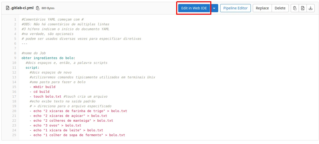 Visualização do arquivo .gitlab-ci.yml com o botão Edit in Web IDE destacado