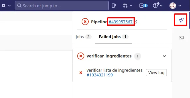 Painel do pipeline com o número do pipeline e o ícone de pipelines destacados, mostrando o stage verificar_ingredientes com falha