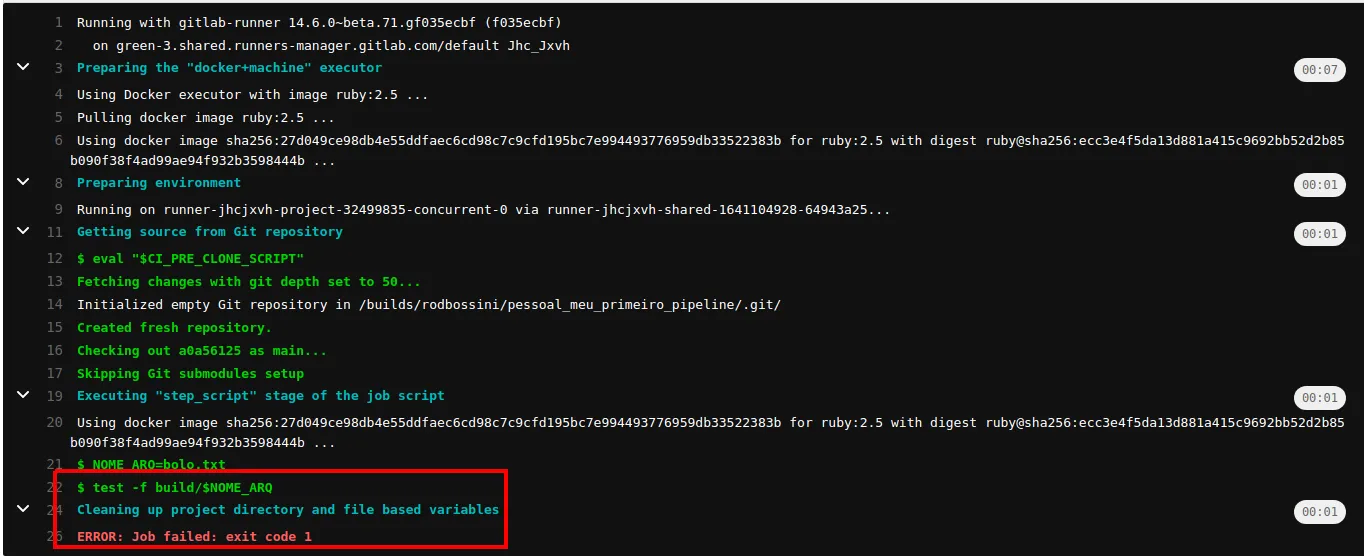 Página do pipeline com os stages Obter_ingredientes (sucesso) e Verificar_ingredientes (falha), com o Job verificar lista de ingredientes destacado