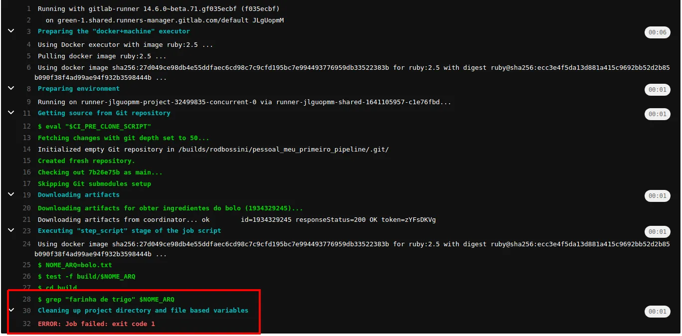 Log do Job mostrando o download dos artefatos, o test -f bem-sucedido e a falha em grep "farinha de trigo" $NOME_ARQ com exit code 1