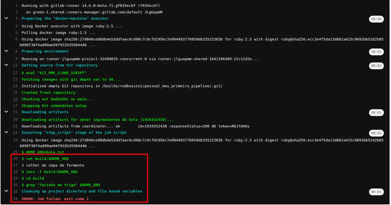 Log do Job em que cat build/$NOME_ARQ mostra apenas a linha "1 colher de sopa de fermento", seguido de test, cd build e da falha em grep "farinha de trigo"