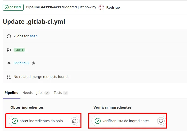 Página do pipeline com status passed e os Jobs obter ingredientes do bolo e verificar lista de ingredientes com sucesso, destacados