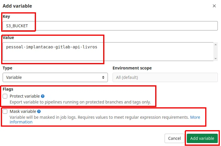 Diálogo Add variable com a chave S3_BUCKET, o valor pessoal-implantacao-gitlab-api-livros e as opções Protect variable e Mask variable desmarcadas