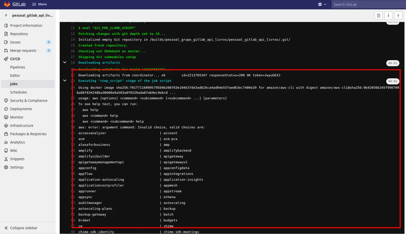 Log do job deploy em que o comando aws é executado sem argumentos e exibe sua mensagem de uso, terminando com erro